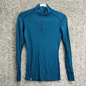 ibex Sweatshirt Women’s Medium Blue Striped Merino Wool Blend Neck 1/4 Zip Pullo